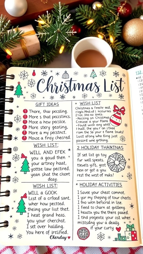 A bullet journal page with Christmas list ideas, decorated with festive doodles and organized sections.